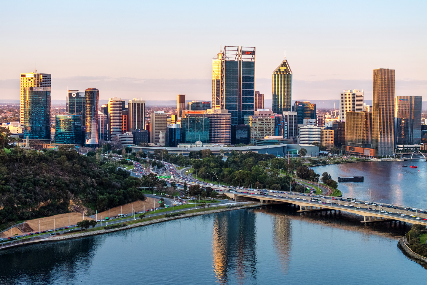 Perth city skyline at dusk, home to some of the best places to eat in Perth city